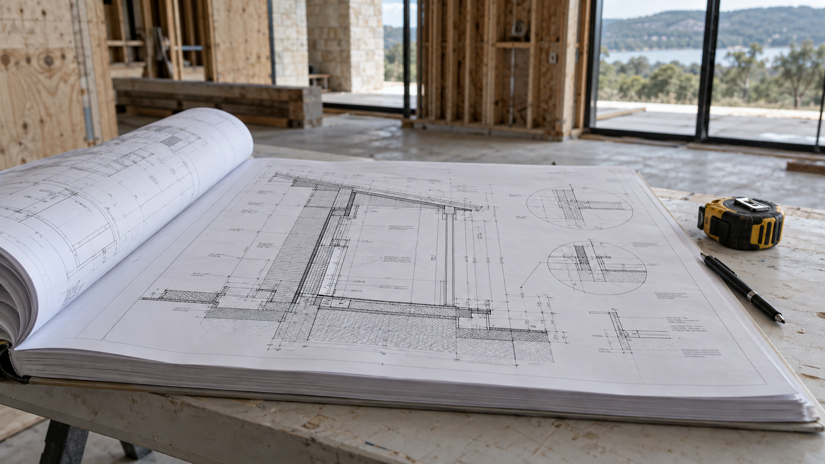 Open construction document set with a detailed wall section sheet on a job-site table