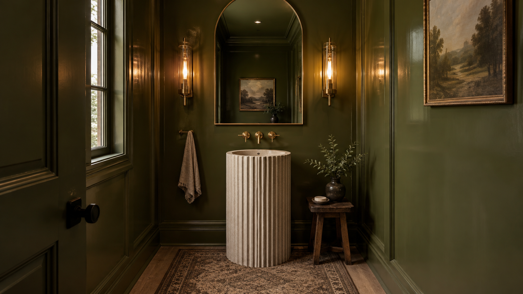 Deep olive lacquered powder room with fluted limestone pedestal sink and glass sconces