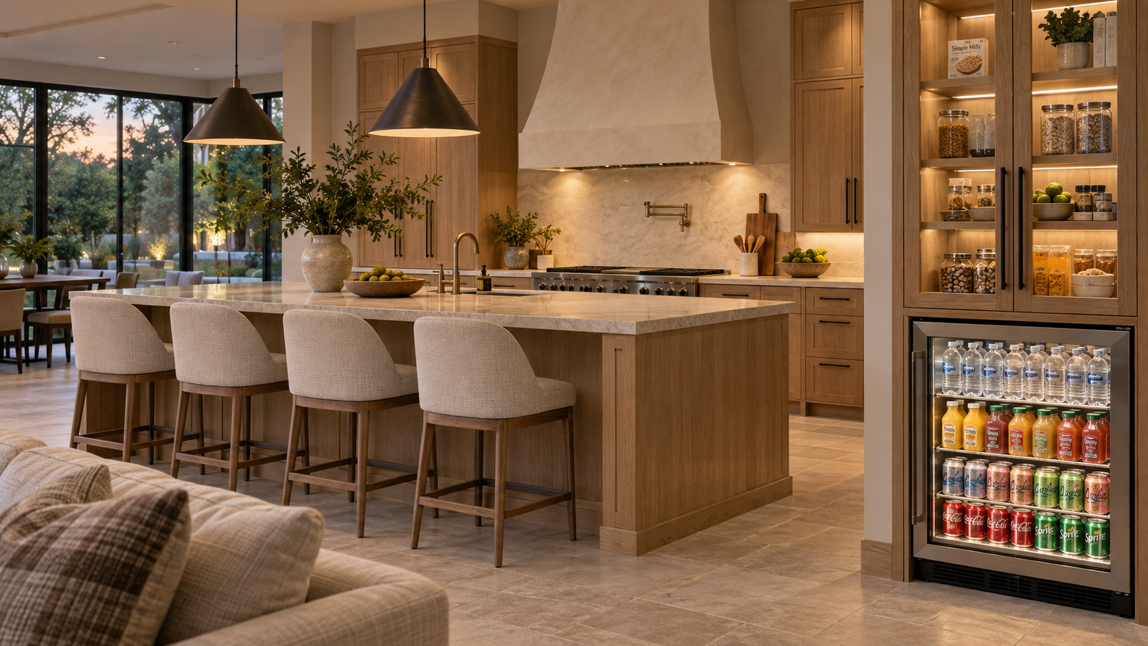 Kitchen island seating edge with a beverage center at the outer edge of the kitchen