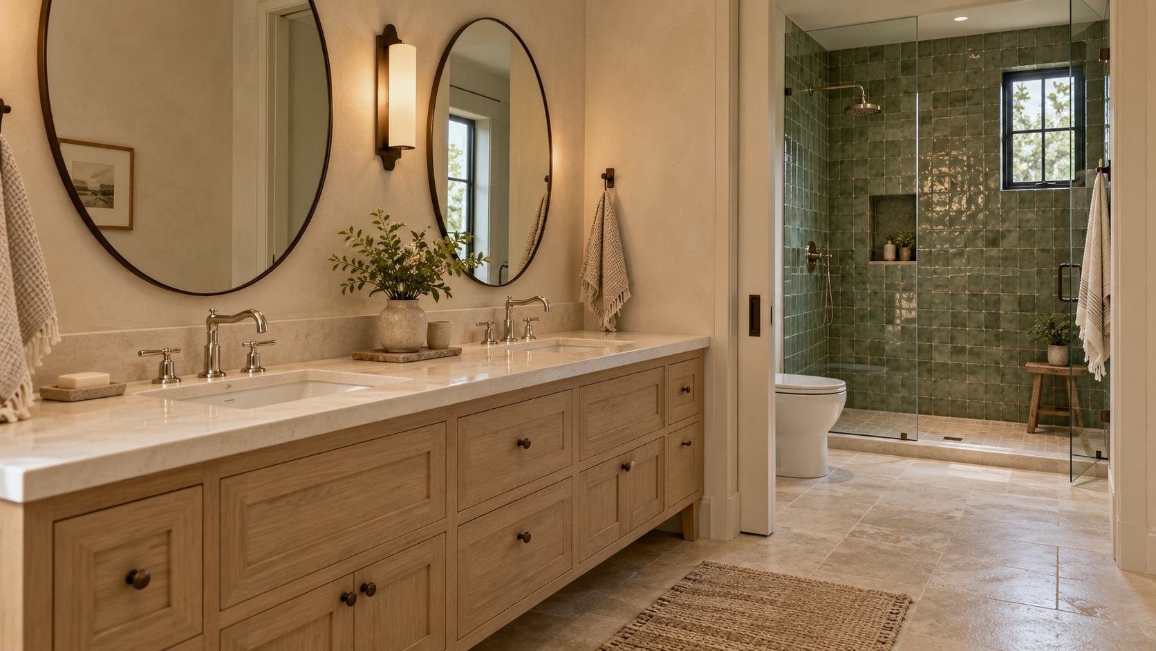 Zoned shared bathroom with a double oak vanity and a separate shower and toilet room