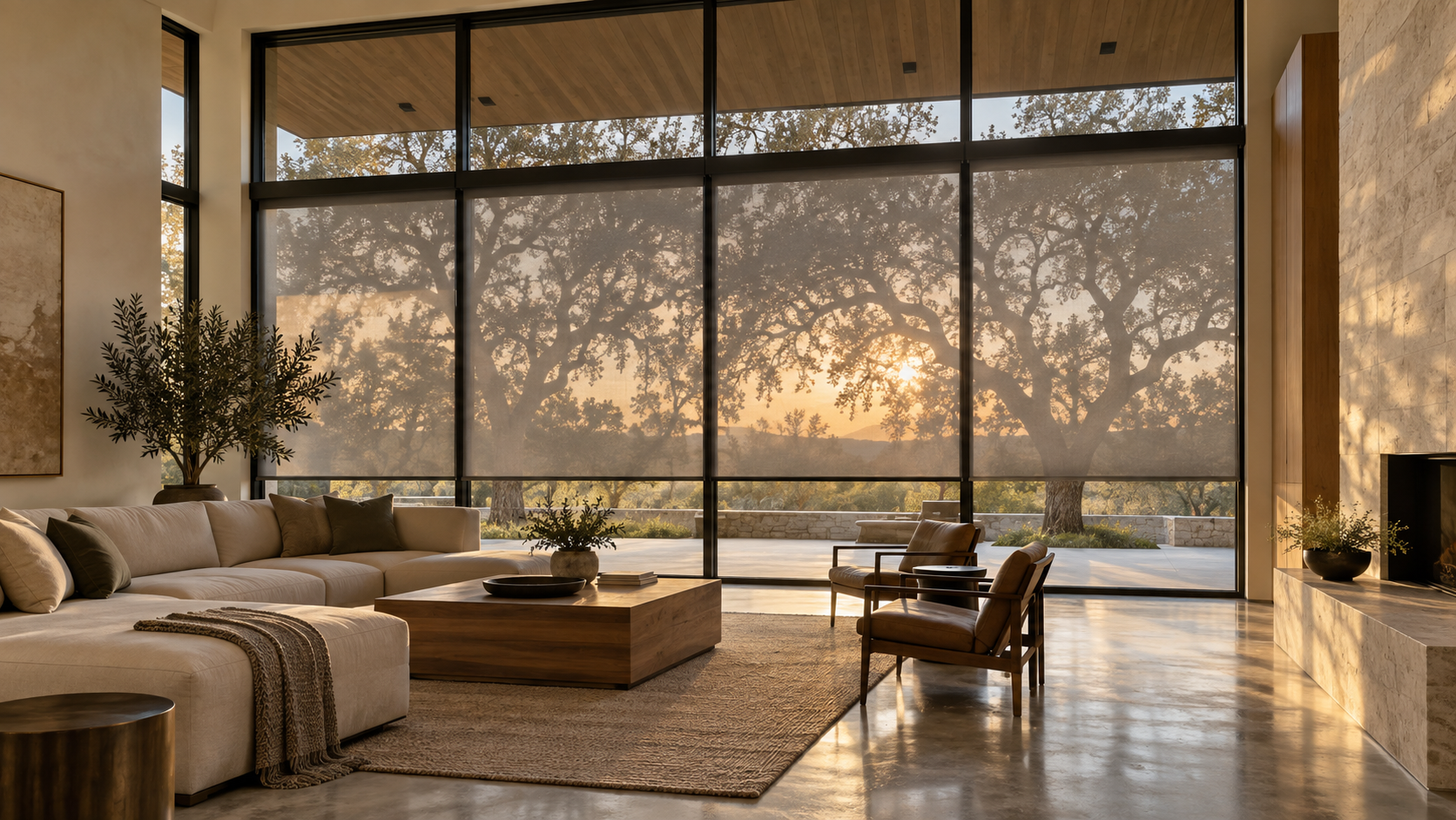 West-facing great room with lowered solar shades softening late-day Texas sun while keeping the view