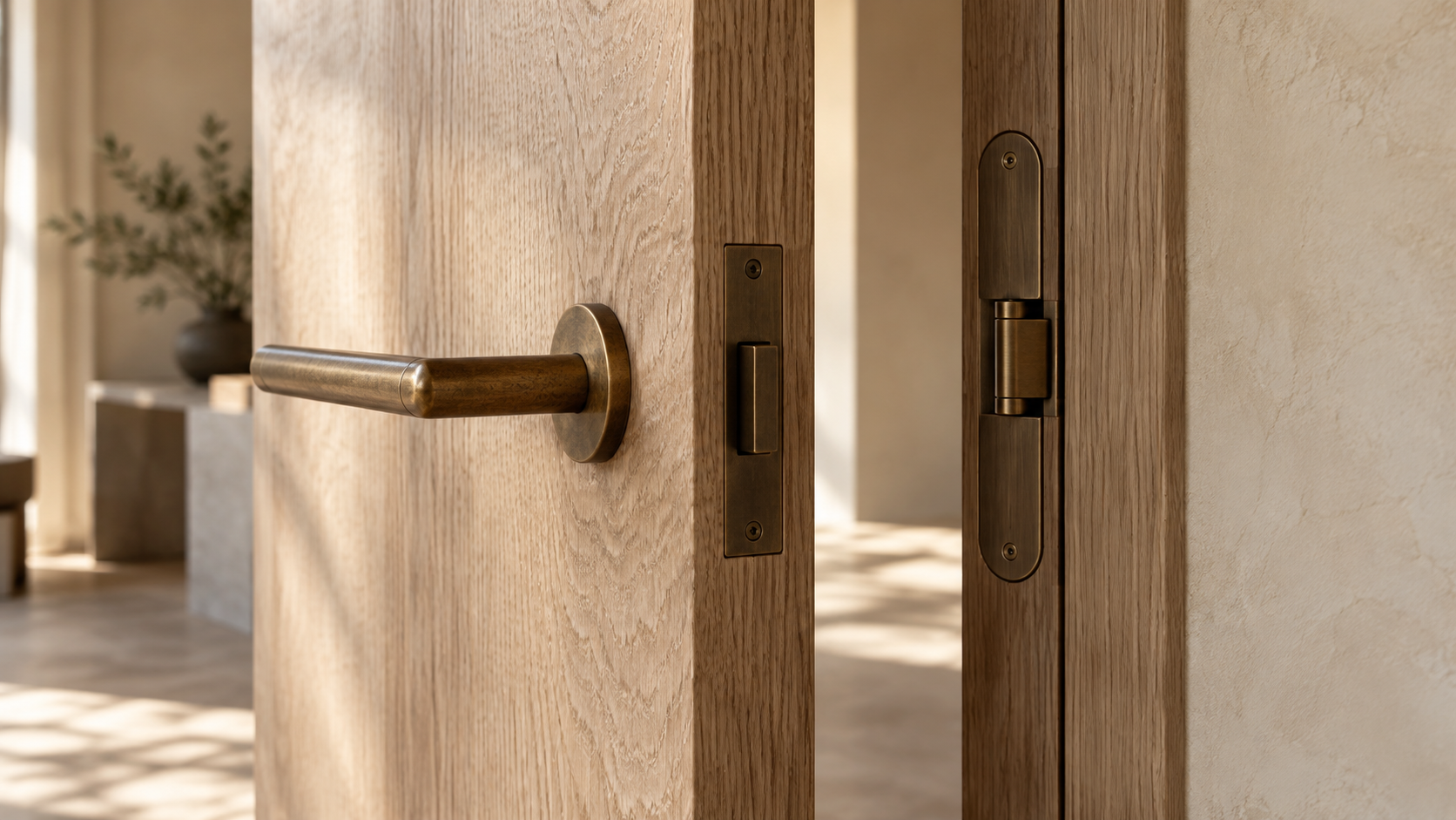 Brass lever and concealed hinge on a solid oak interior door