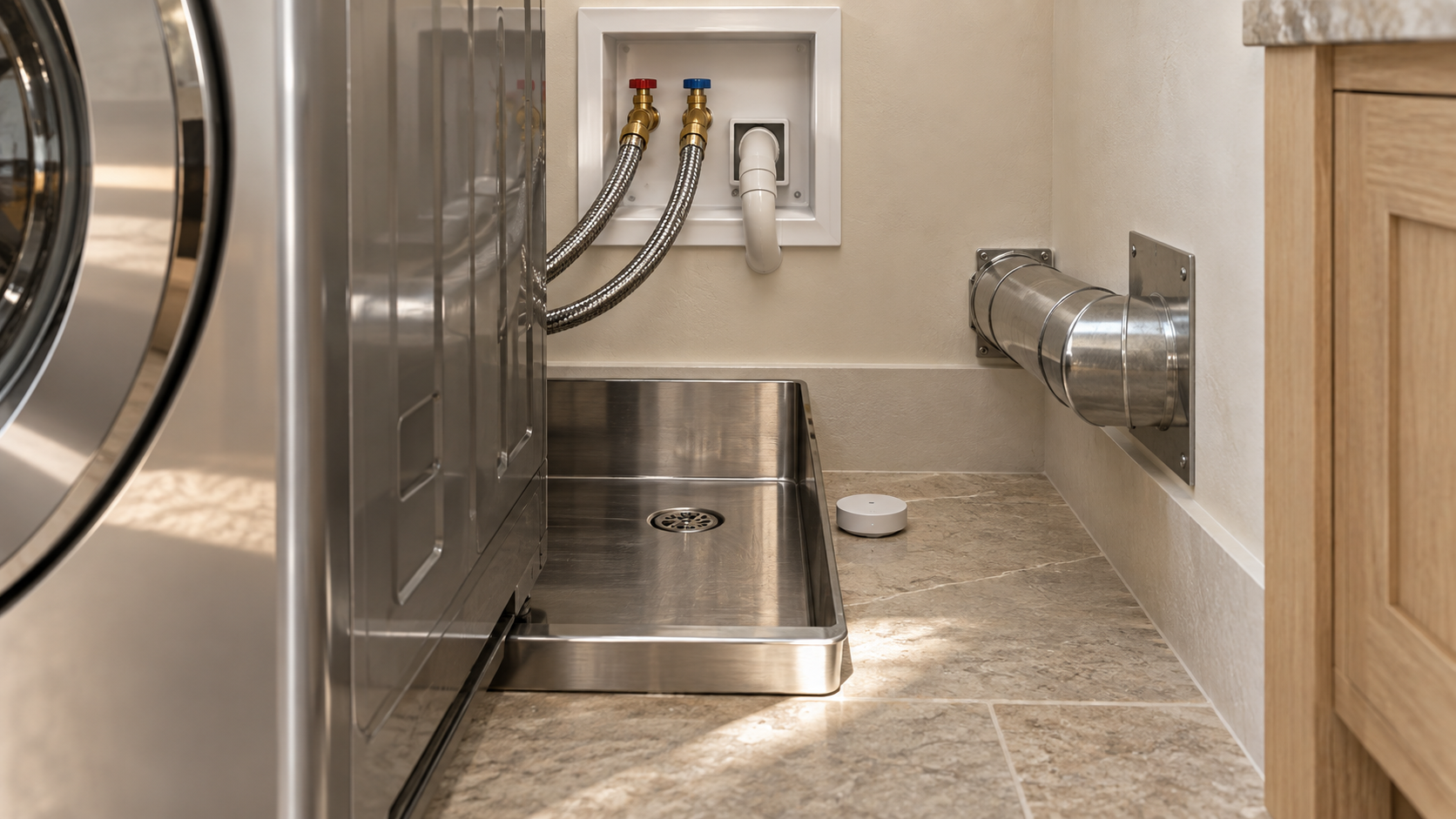 Recessed washer valves, drain pan, leak sensor, and a short straight dryer vent behind a washer