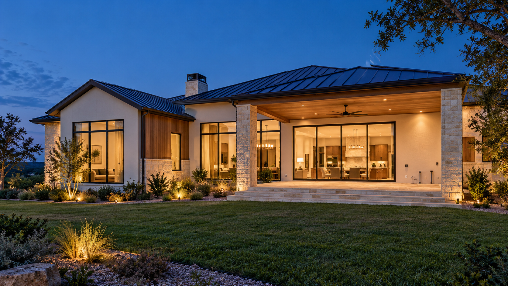 Rear of a modern home at dusk with a patio planned for a future outdoor kitchen