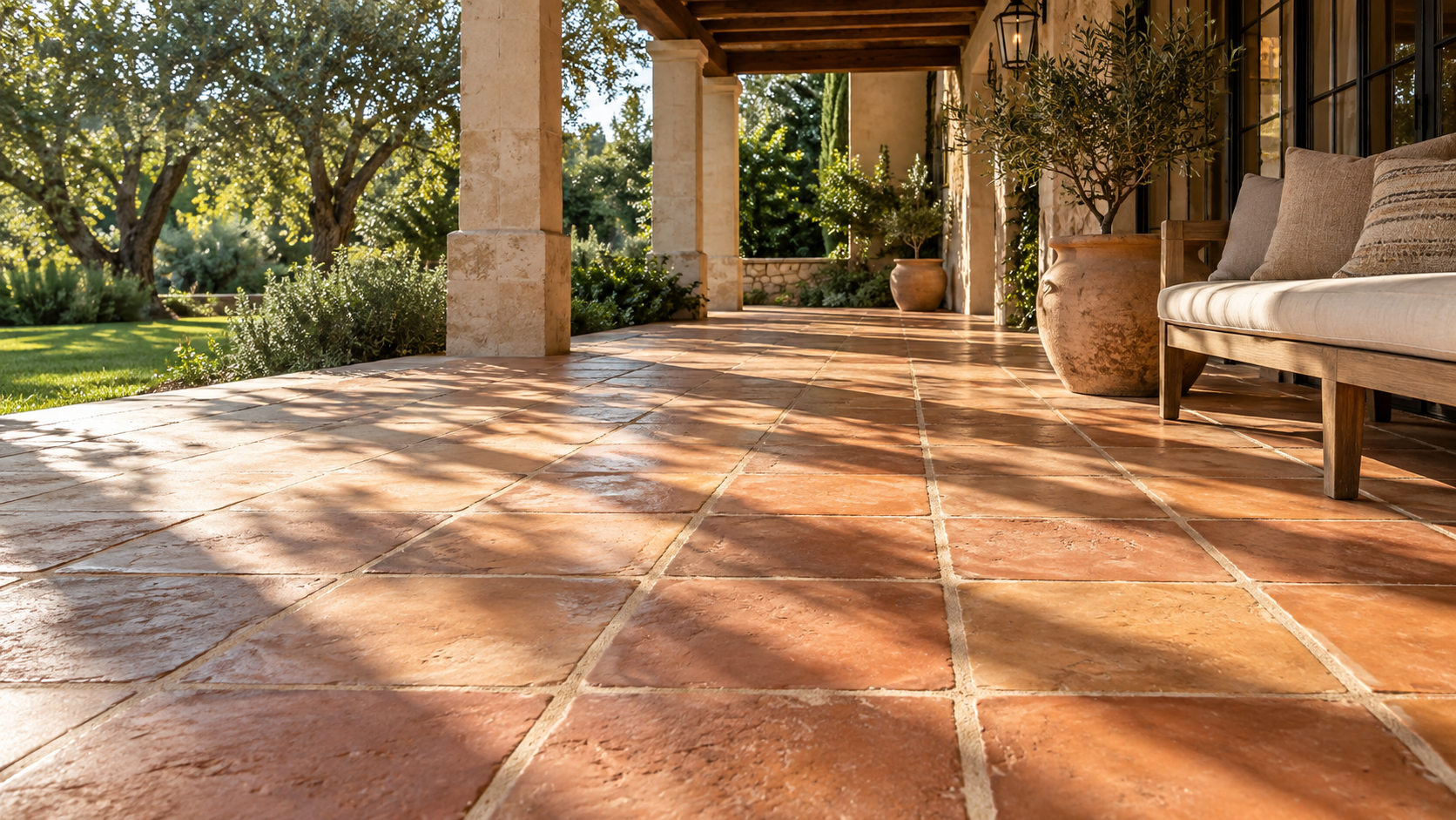 Handmade terracotta tile floor on a shaded covered porch with warm color variation and wide grout joints