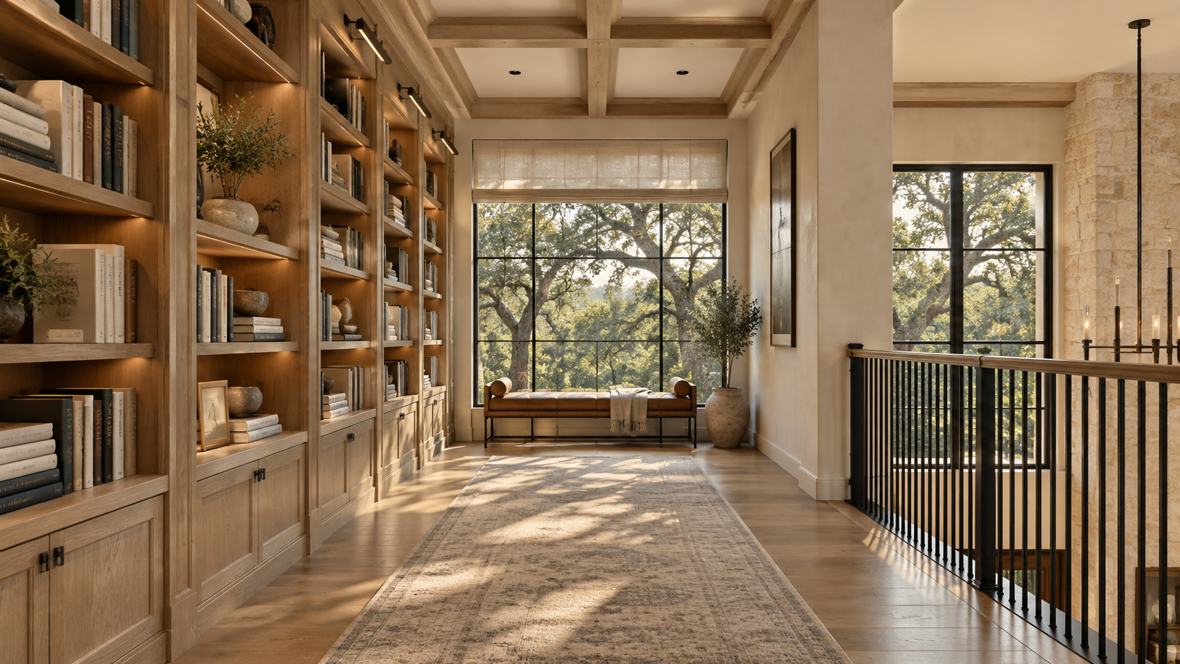 Upstairs gallery hallway lined with white oak bookshelves leading to a window bench