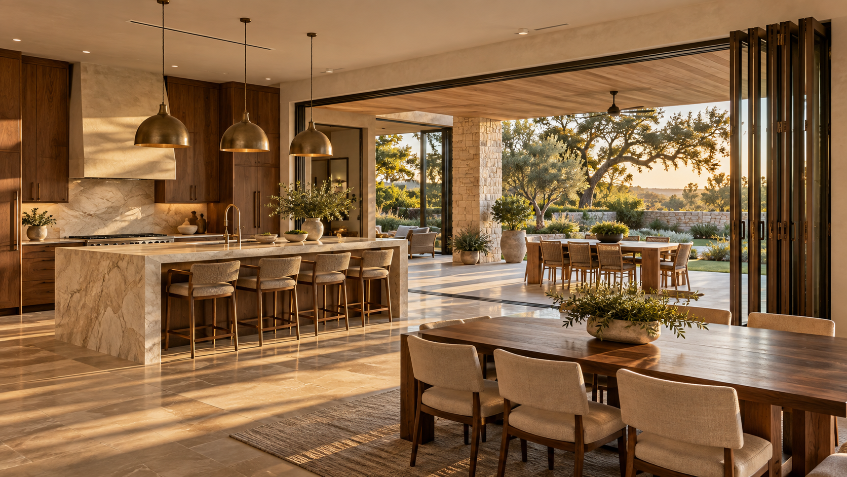Kitchen and dining area with bronze bifold glass doors folded and stacked to one side, open to a covered patio