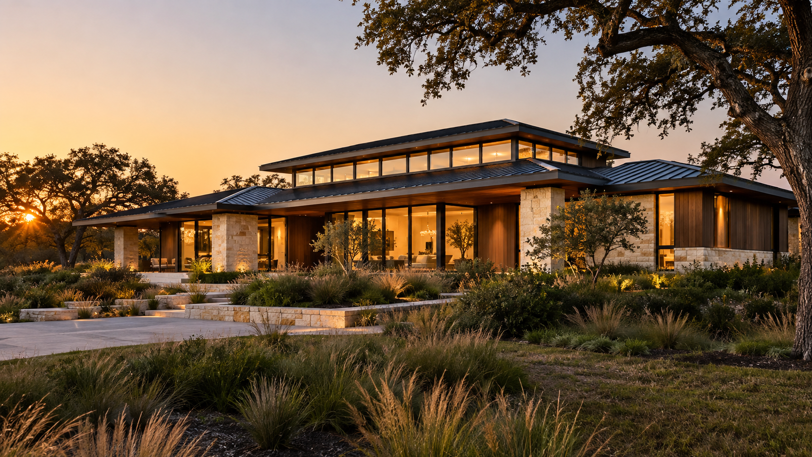 Single-story Texas home with a raised clerestory roof and deep overhangs at dusk