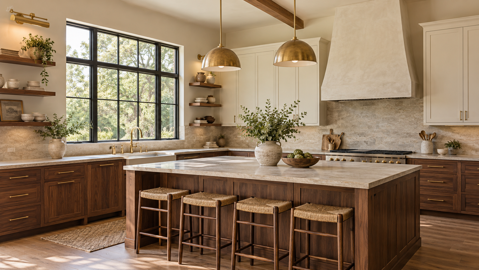 Two-finish kitchen with walnut base cabinets and island and warm off-white painted uppers