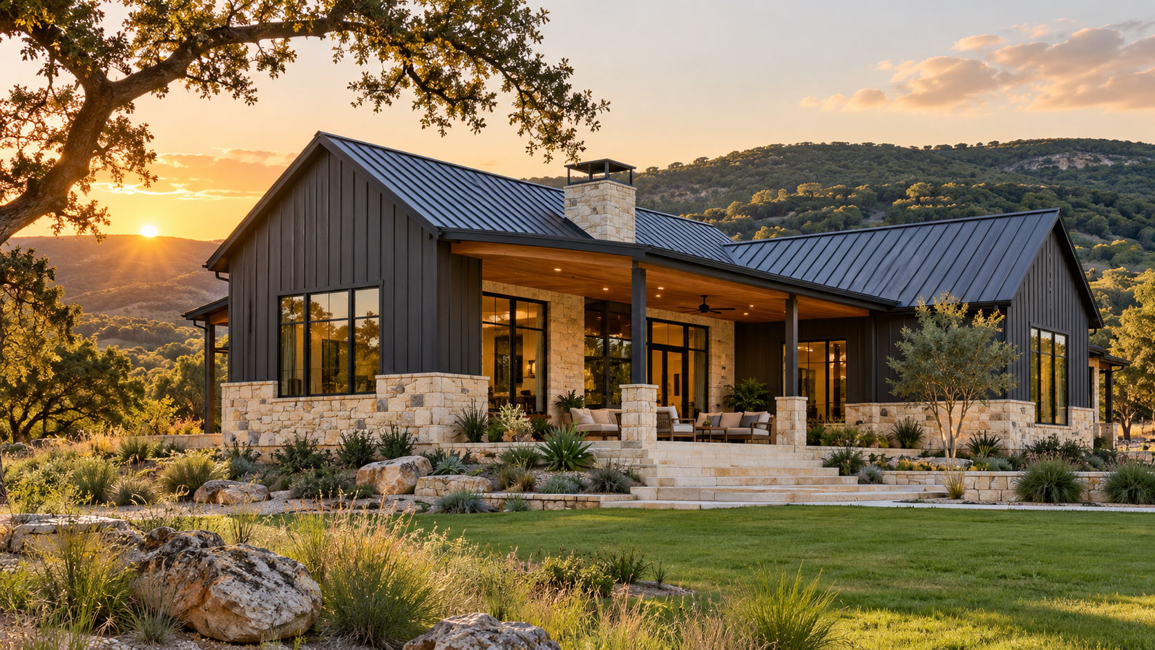 Hill Country modern home with charcoal board-and-batten siding over a limestone base