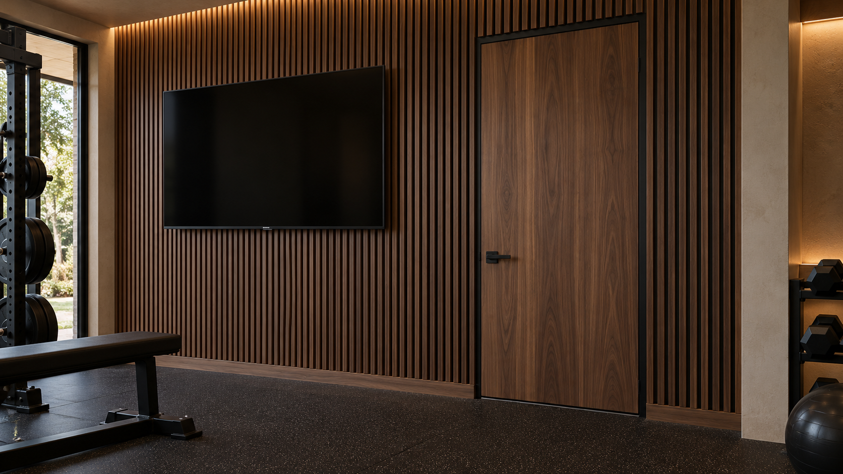 Detail of walnut acoustic slat wall and solid-core sealed door in a home gym