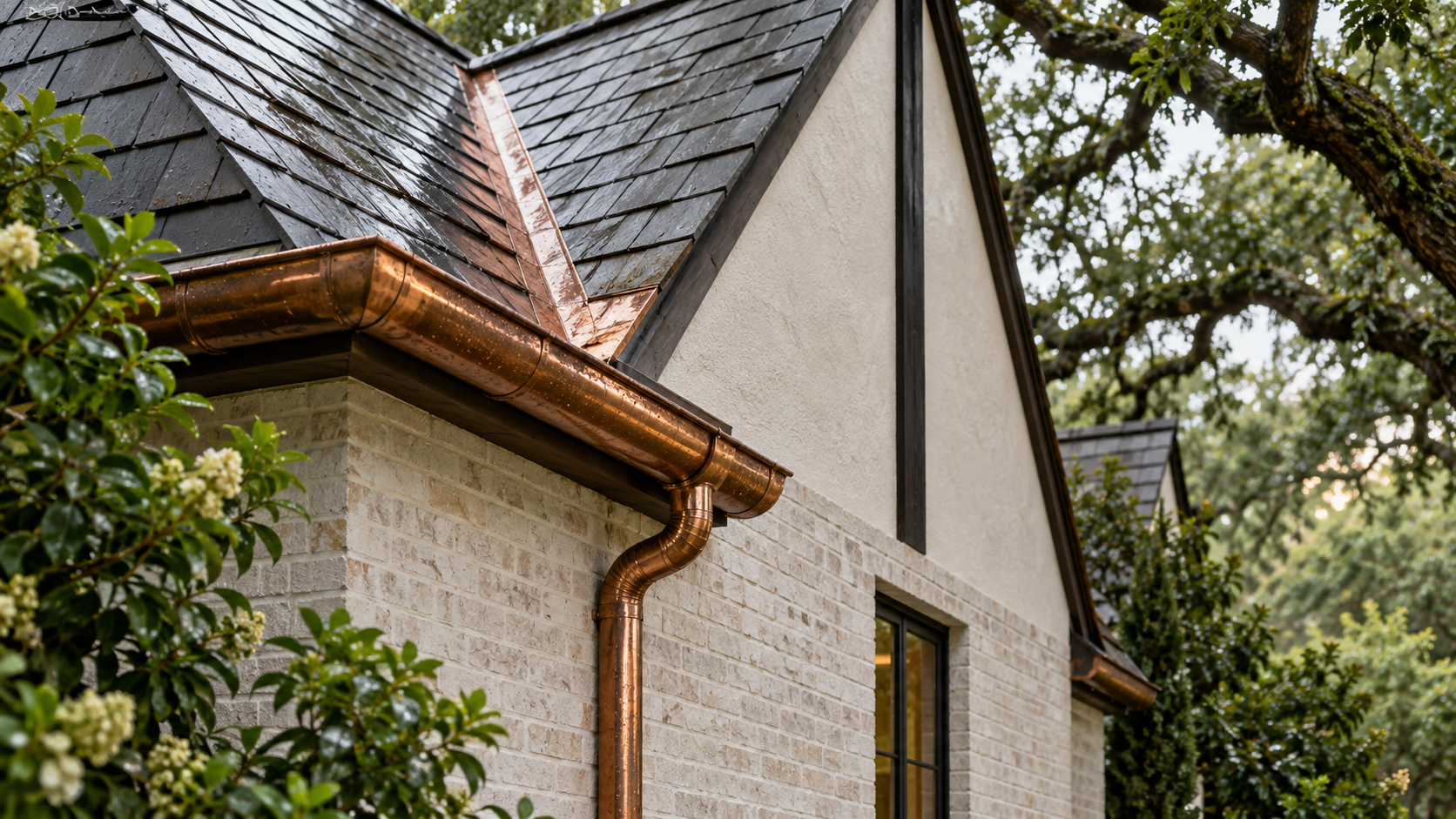 Copper flashing and oversized gutter where two gables meet on a modern Tudor house