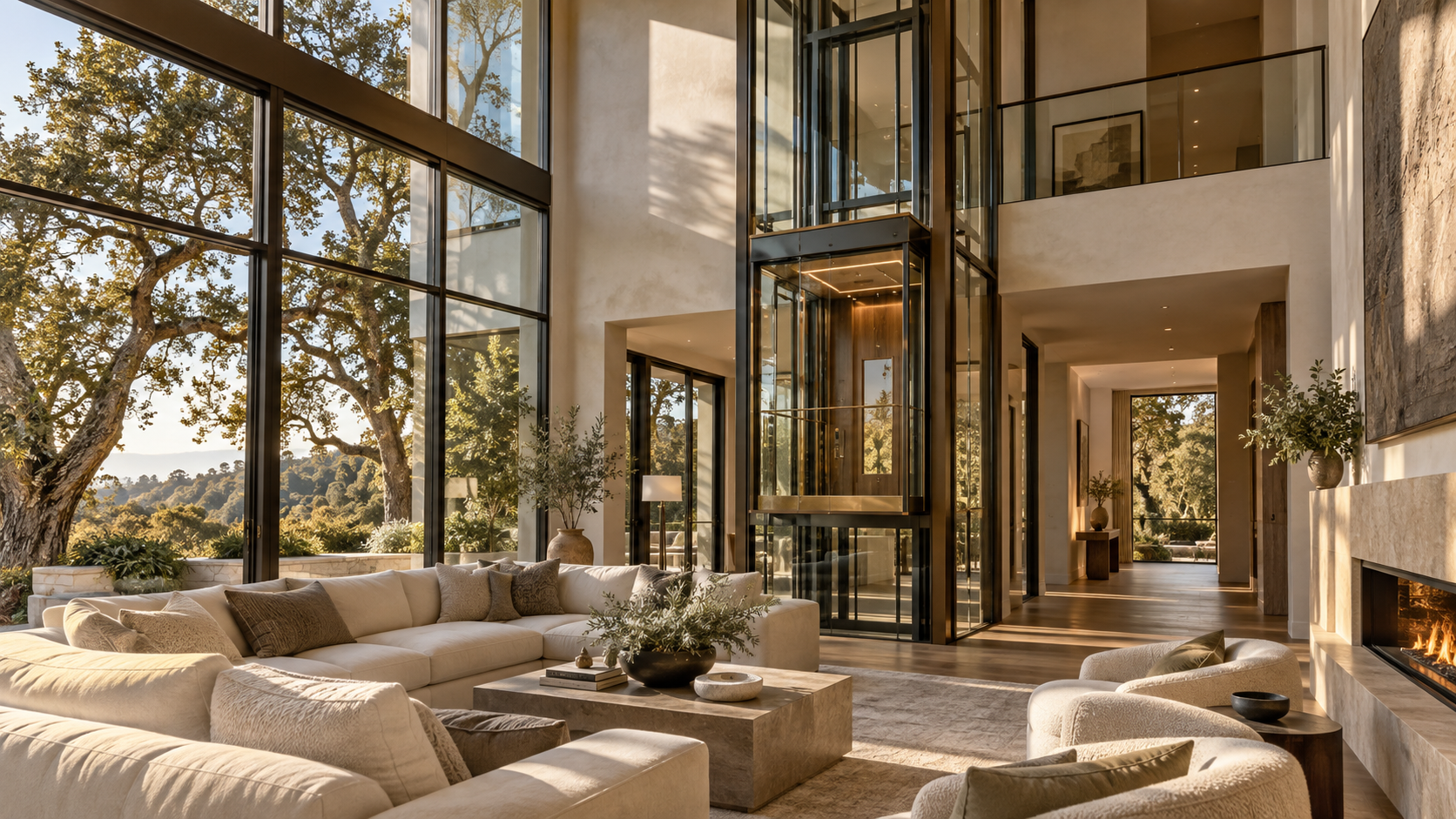 Glass residential elevator shaft in a double-height living room