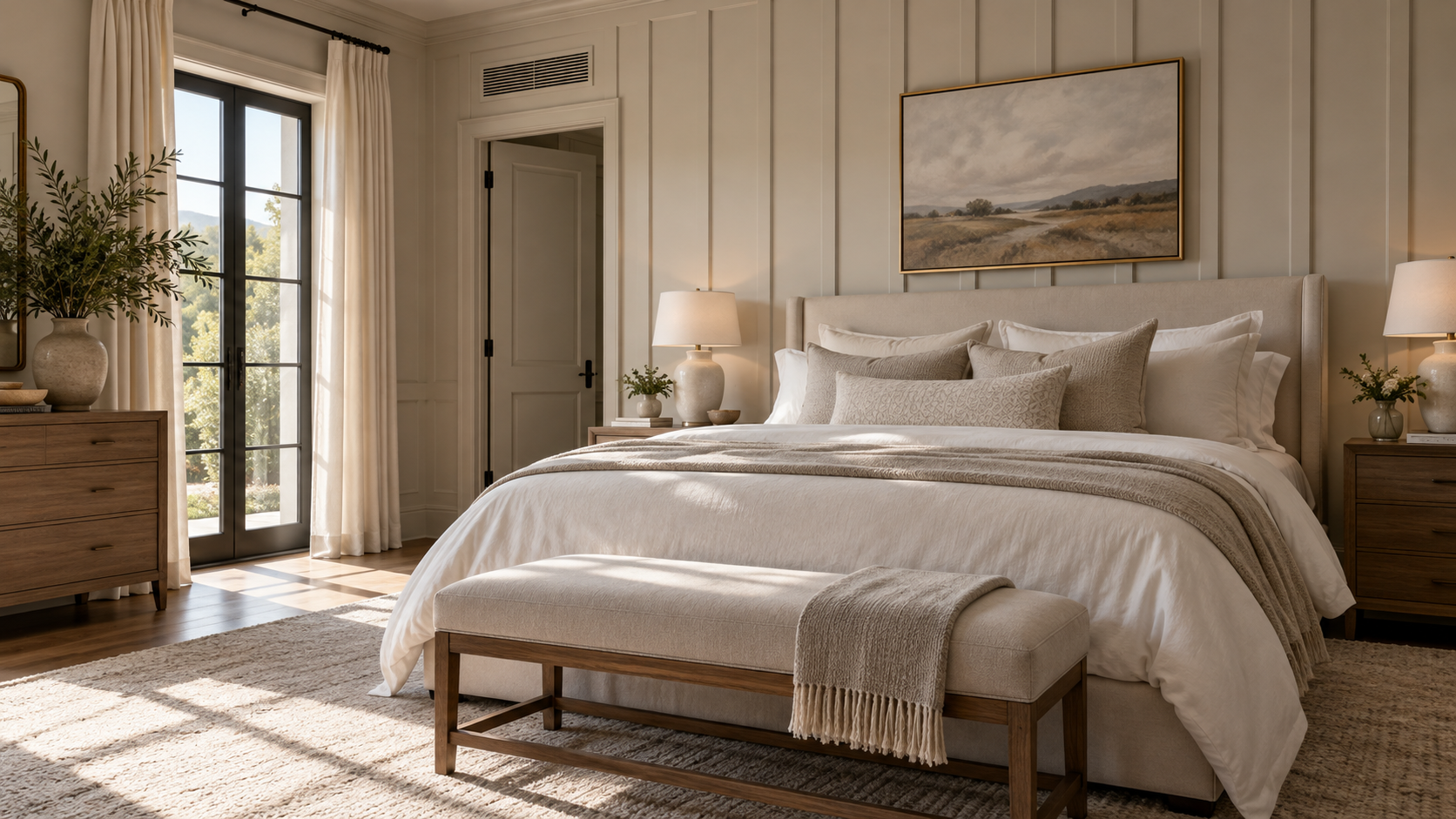 Discreet return air grille above a bedroom door in a luxury custom home