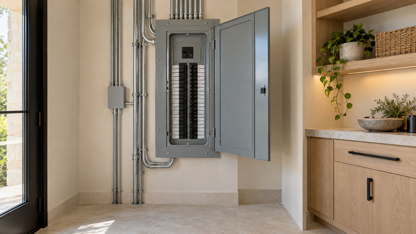 Organized residential electrical panel in a clean utility room