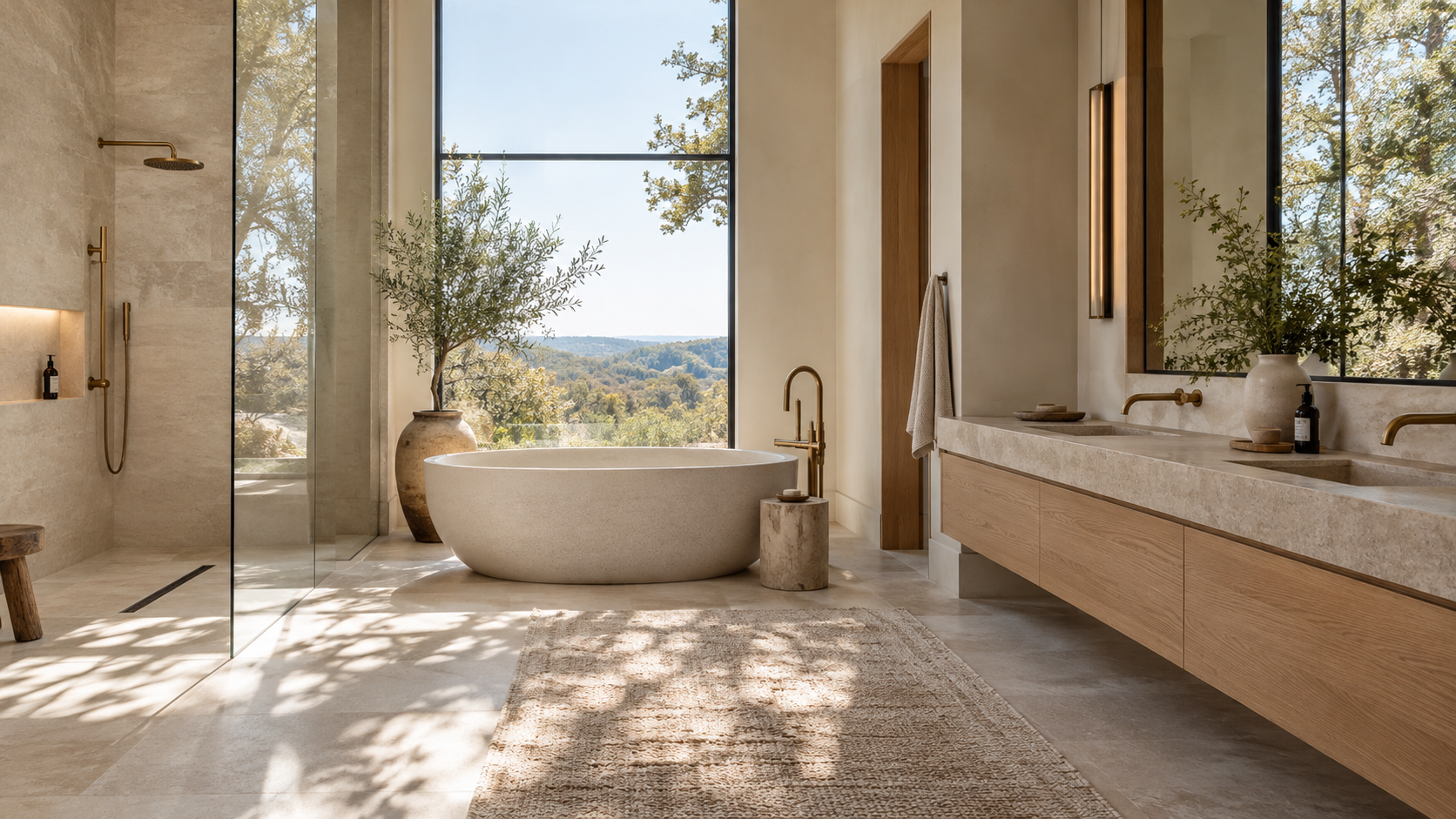 Primary bath with brass fixtures and a linear floor drain