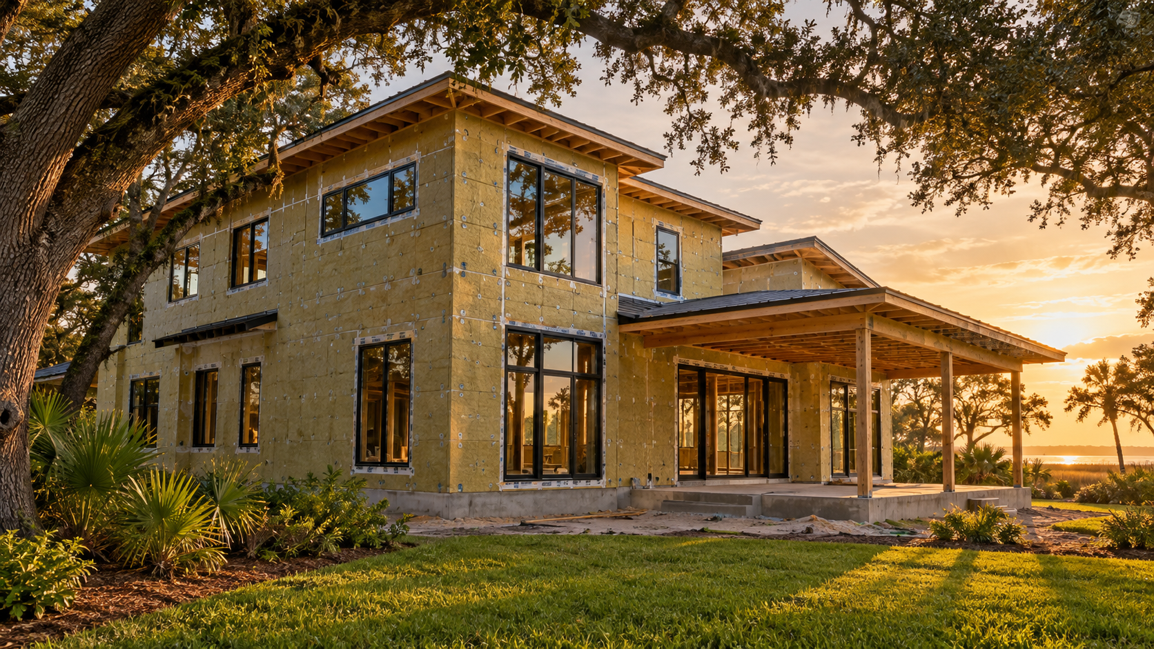 Custom home walls wrapped in continuous exterior insulation board on a humid lot