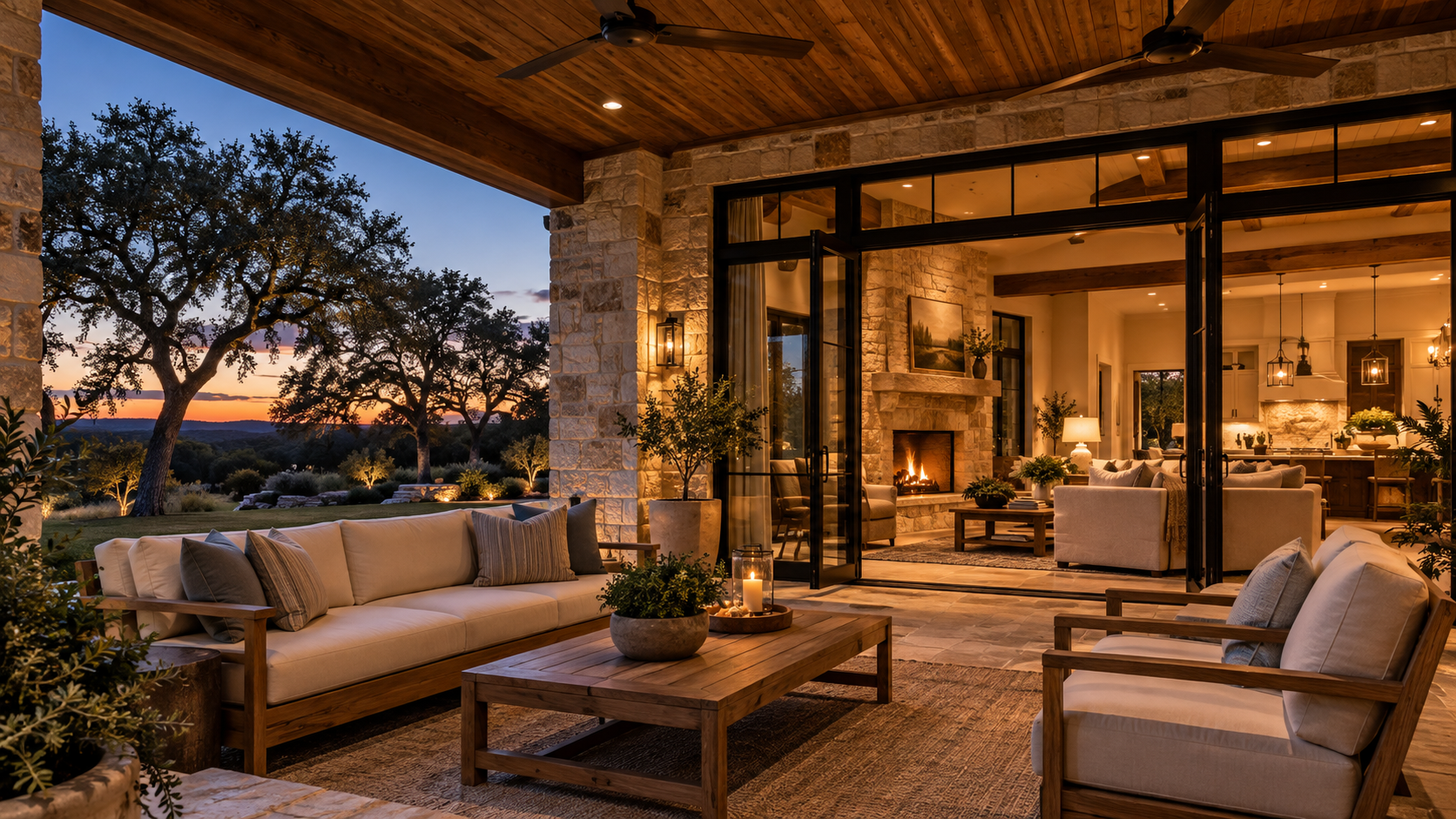 Covered porch opening through glass doors to a lit keeping room at dusk