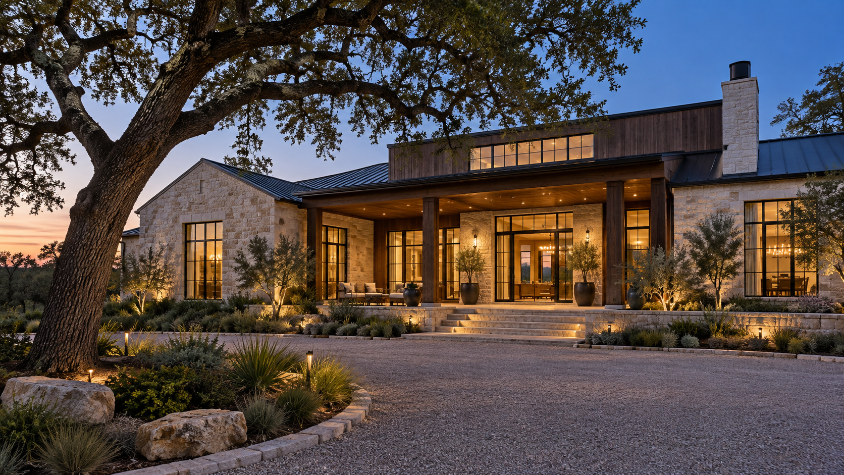 Finished limestone and wood custom home glowing at dusk