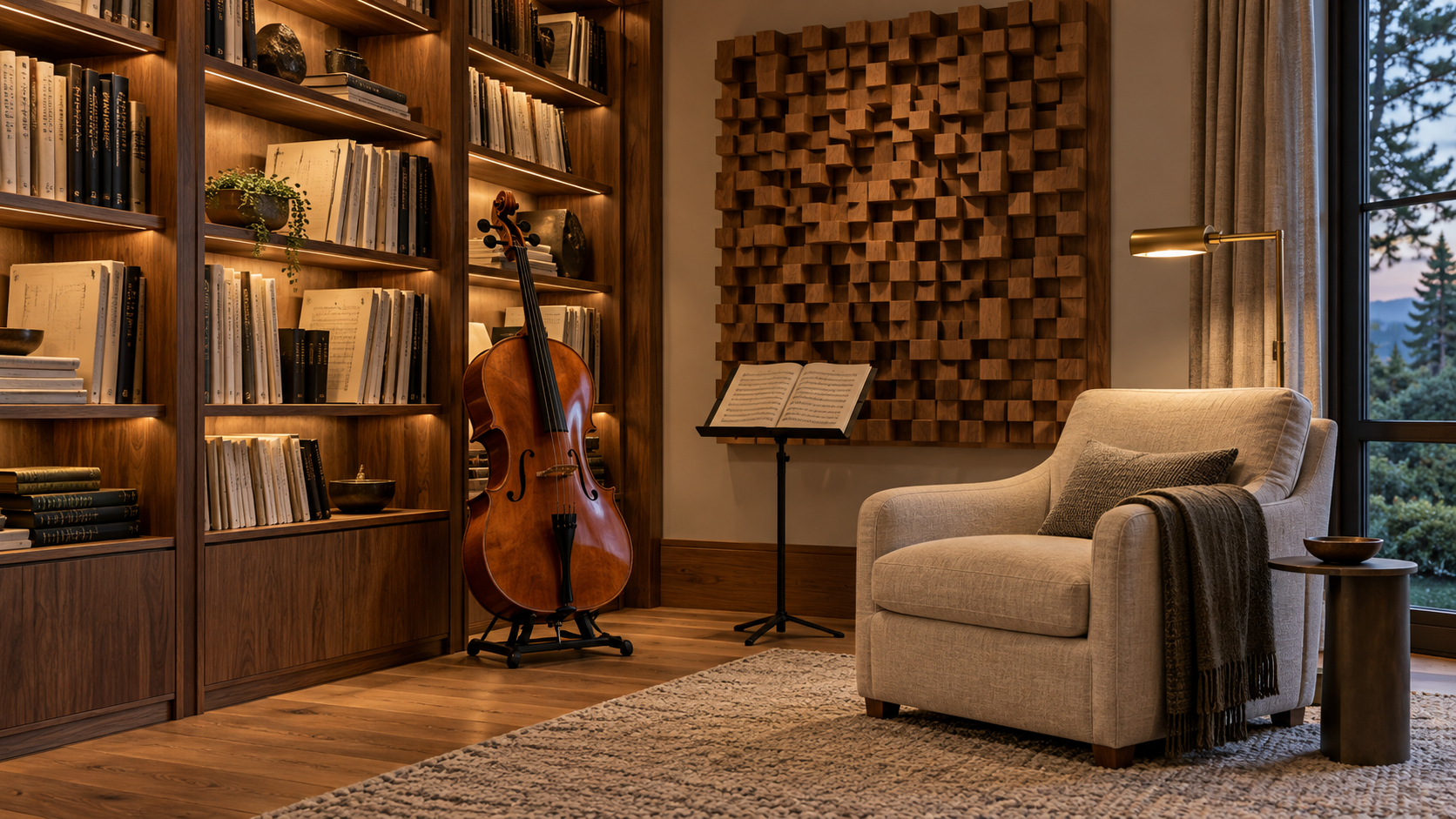 Music room corner with walnut shelving, a cello, and a wood acoustic diffuser