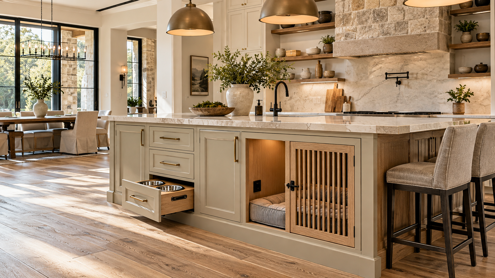 Hidden pet feeding station and crate nook in custom cabinetry