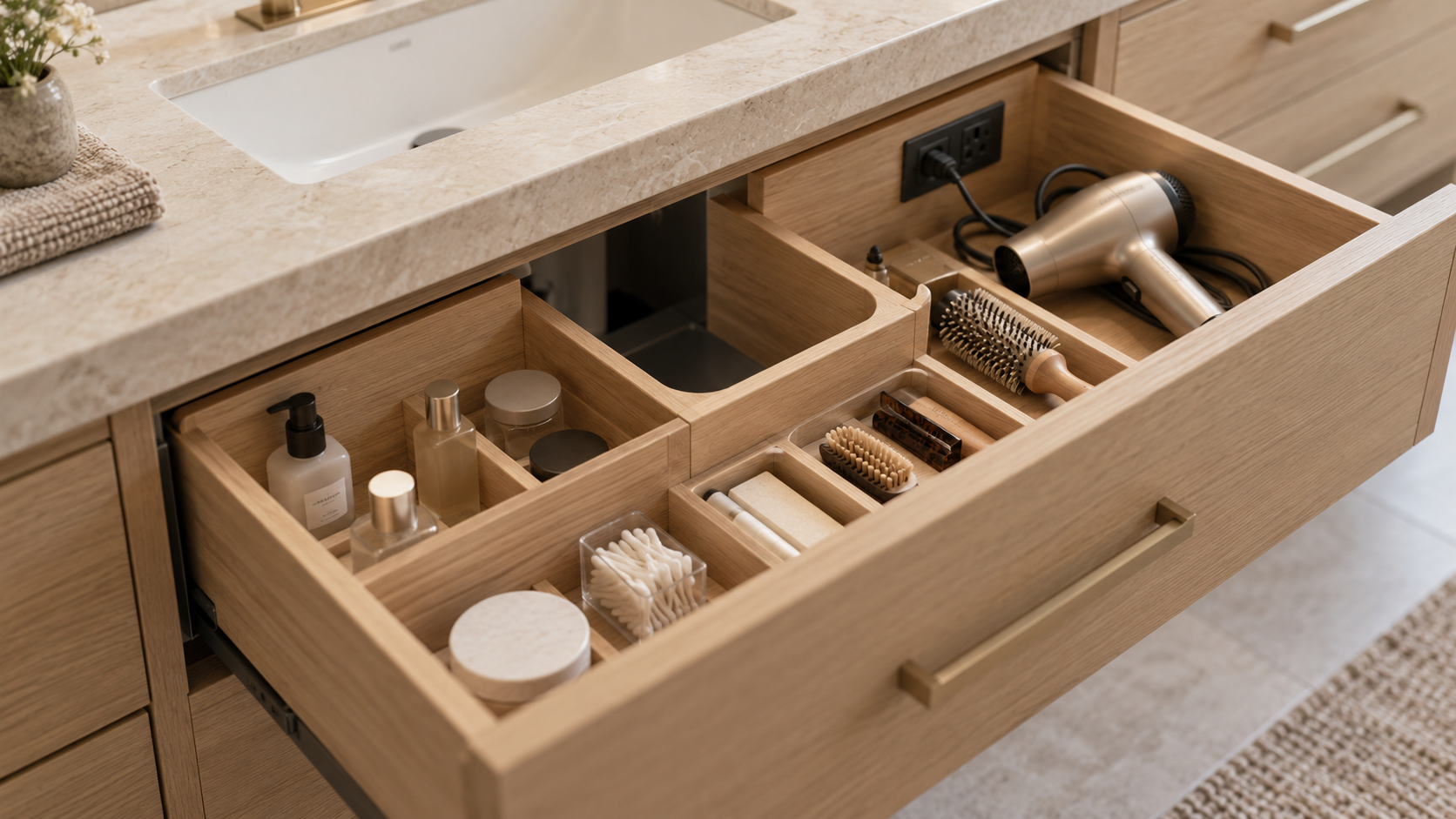 Full-extension vanity drawer with U-cutout and built-in outlet