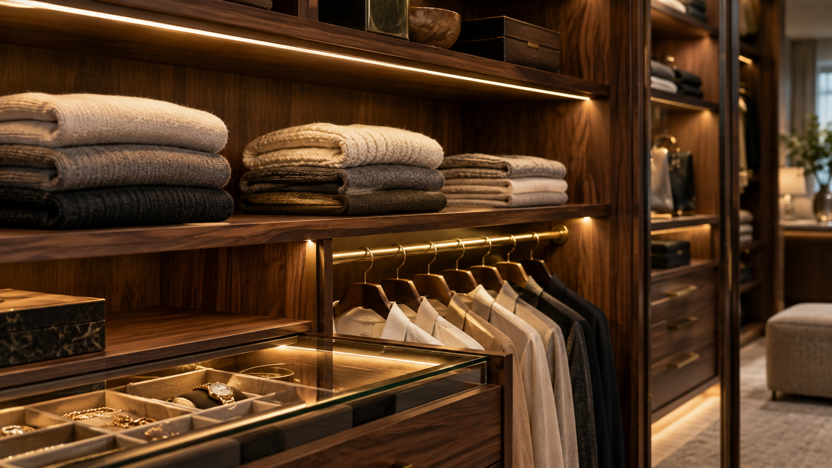 Walnut closet shelving with LED strips under each shelf and a lit hanging rod