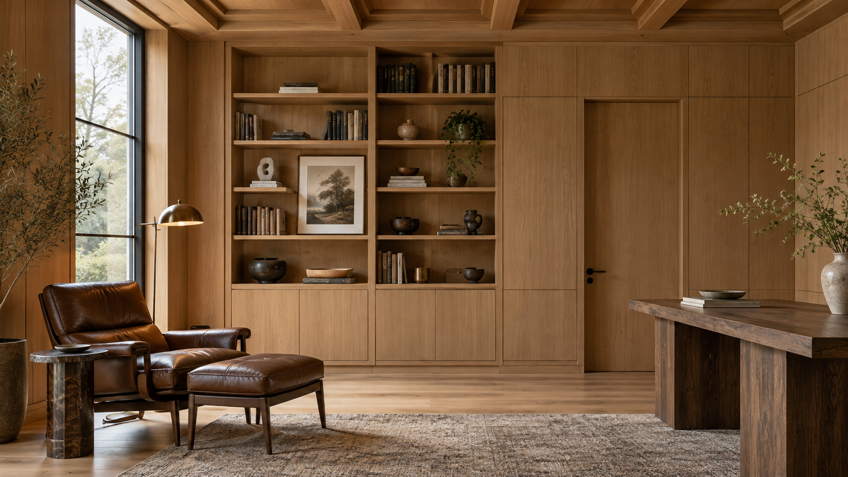 Study lined floor to ceiling in rift-sawn white oak paneling with aligned joints
