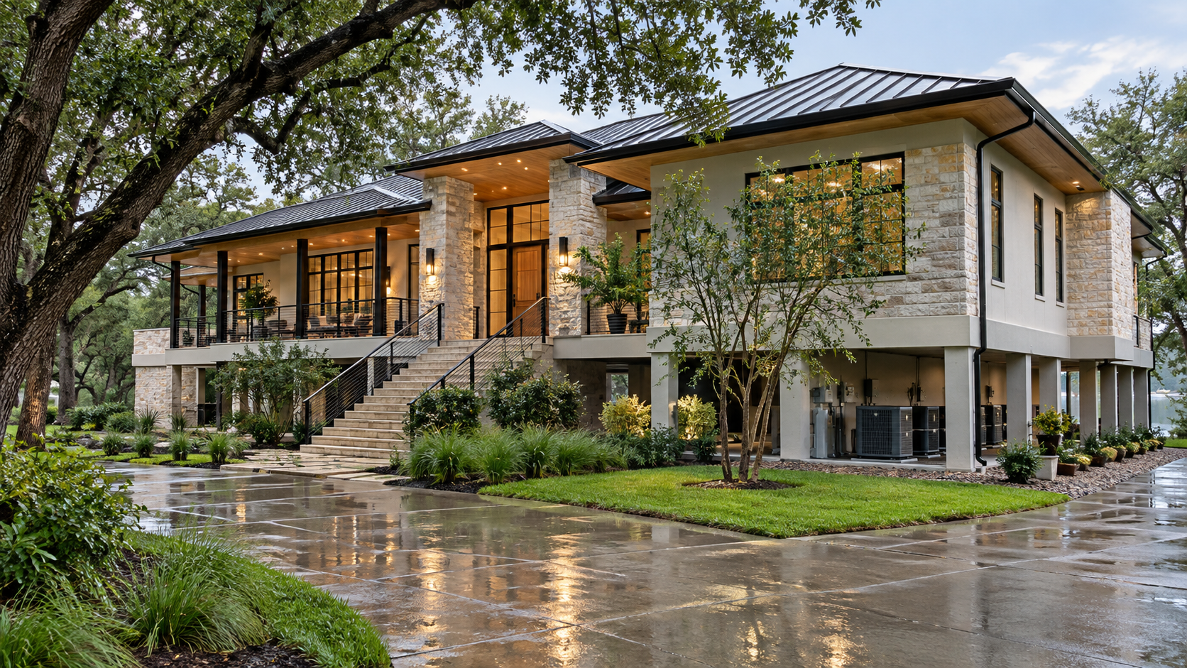 Elevated Houston-area custom home with protected utility equipment and metal roof