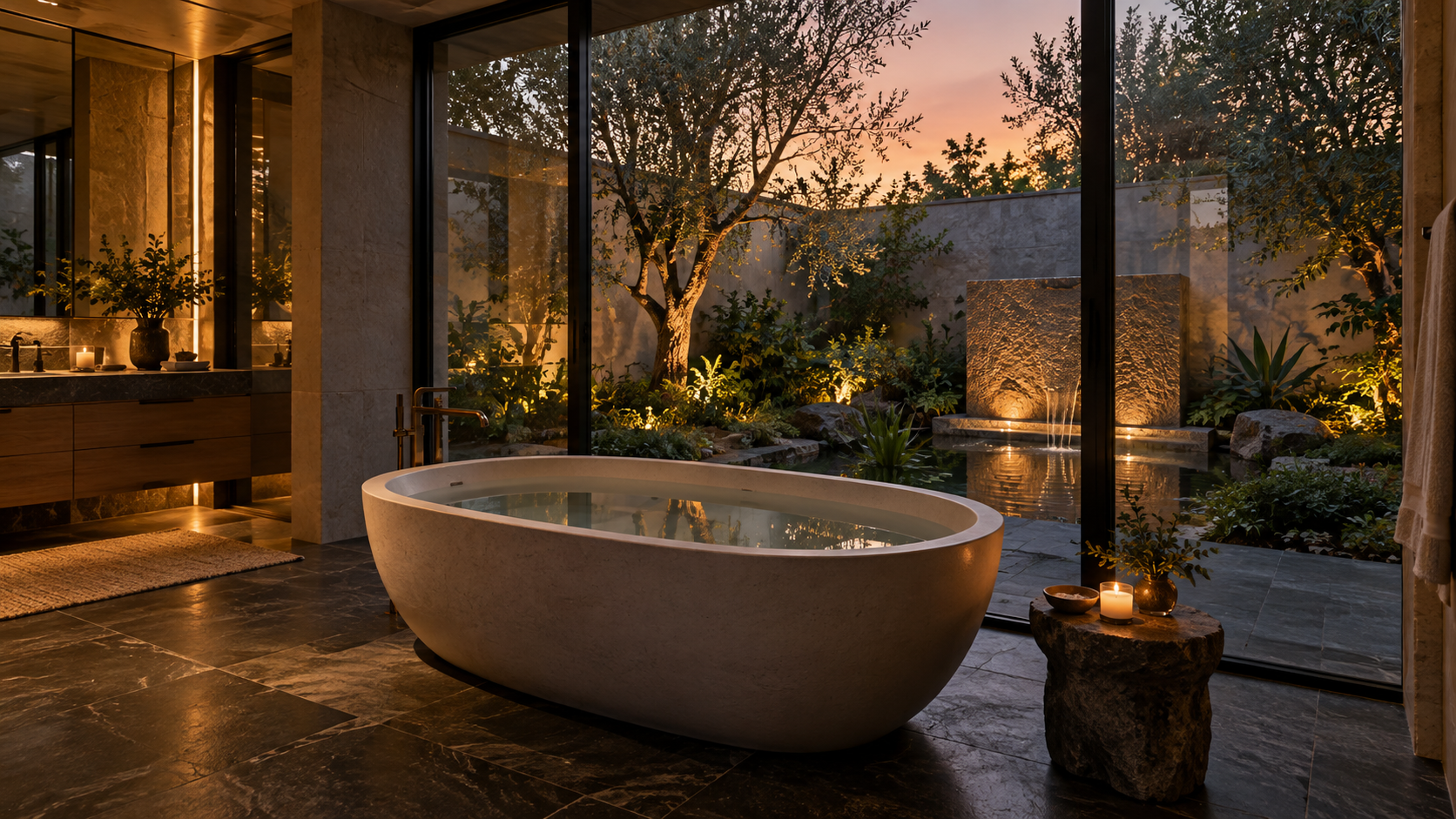 Soaking tub beside a glass wall overlooking a private courtyard