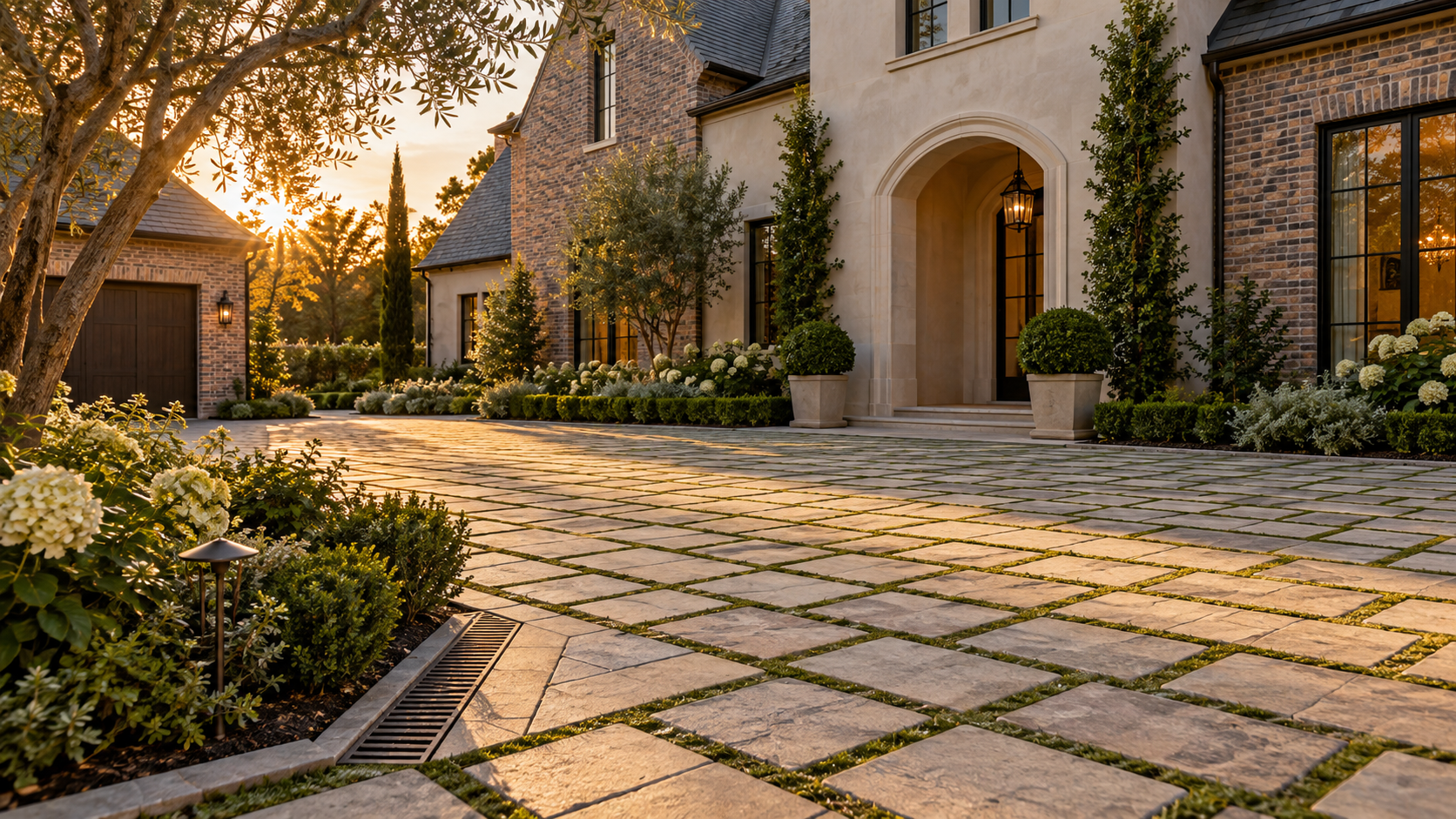 Permeable paver motor court with planted drainage bed