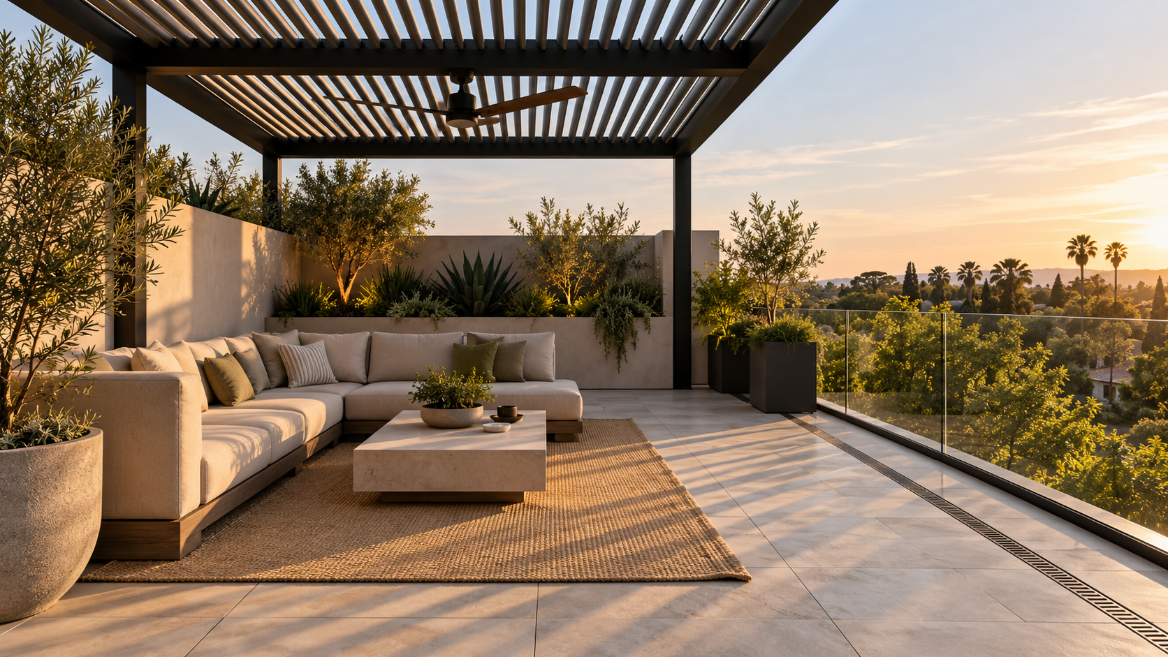 Shaded section of a roof deck with louvered pergola, fan and mixed railings