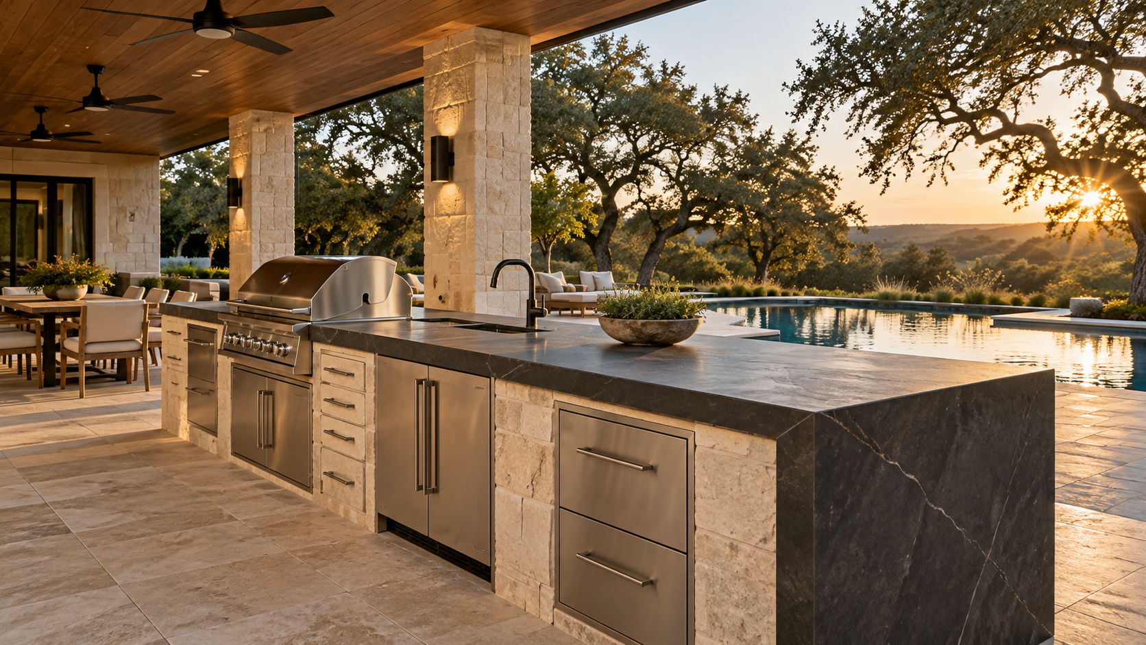 Outdoor kitchen with a thin porcelain slab countertop and mitered edge