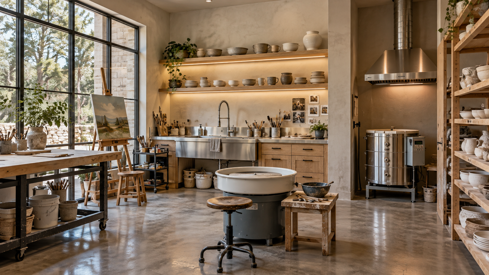 Pottery and painting studio with utility sink, concrete floor and kiln