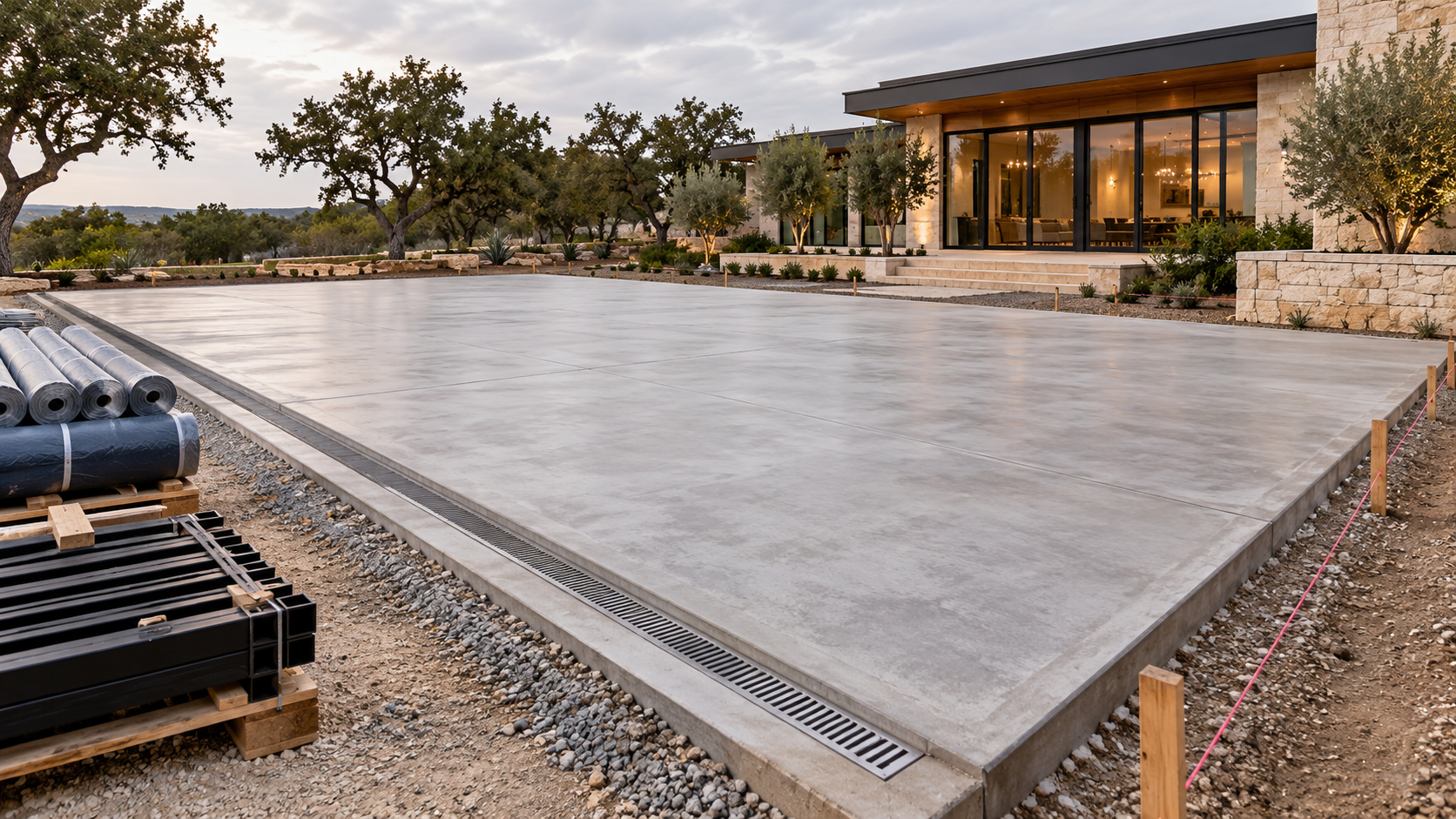 Cured concrete pickleball court slab with trench drain and fence stakes before sport coating