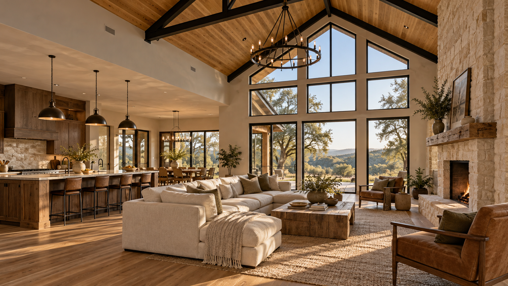 Barndominium great room with vaulted oak ceiling, steel trusses, limestone fireplace, and lower kitchen ceiling
