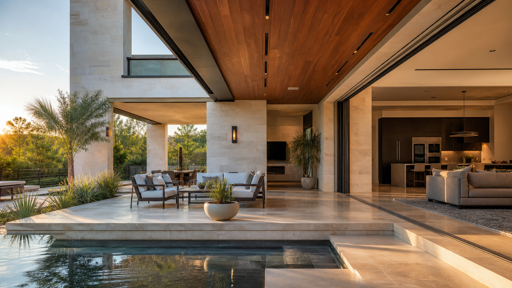 Pocketed sliding glass wall opening to a covered Texas outdoor living room with concealed shade pockets