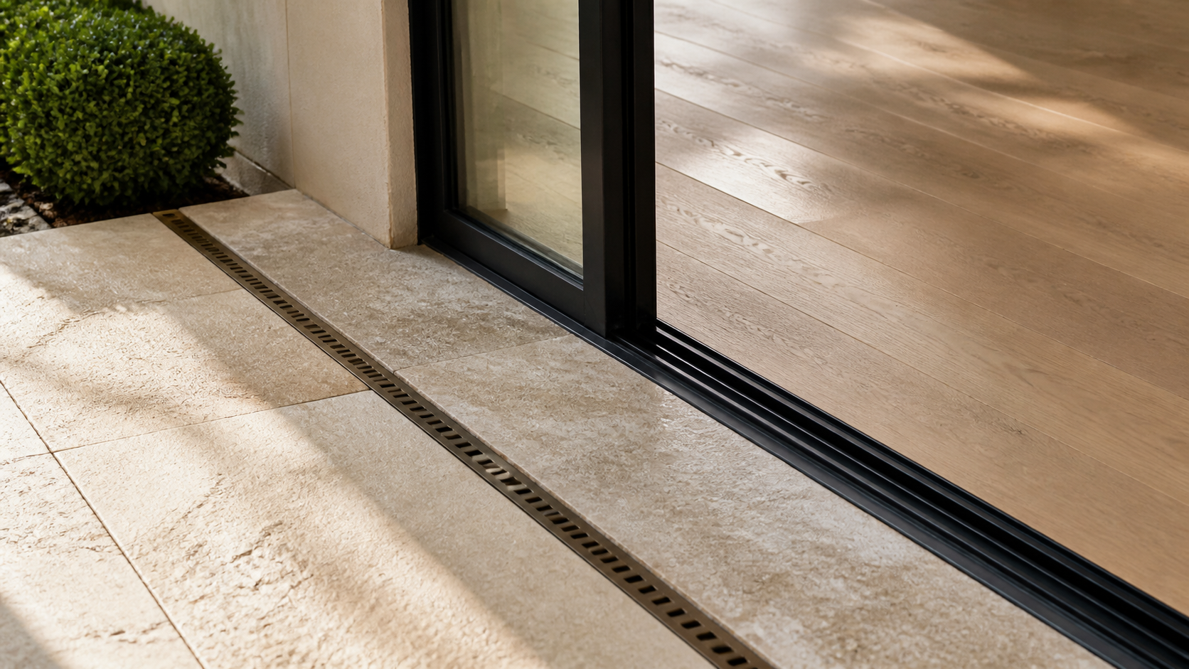 Detail of a flush threshold where courtyard limestone meets interior oak flooring