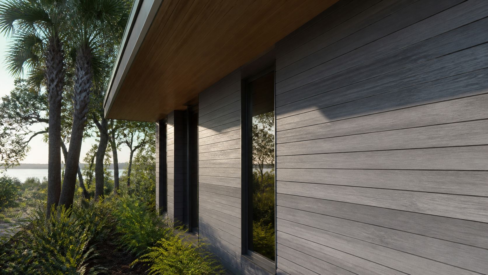 Thermally modified wood rainscreen siding weathering silver under a deep overhang