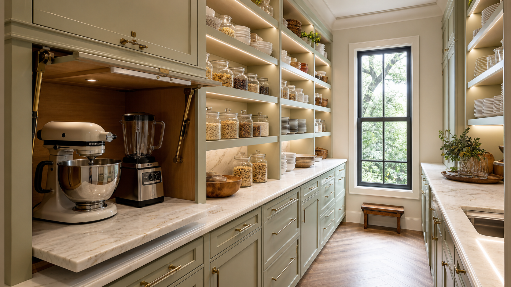 Custom home pantry with deep shelving, appliance garage, and stone counter