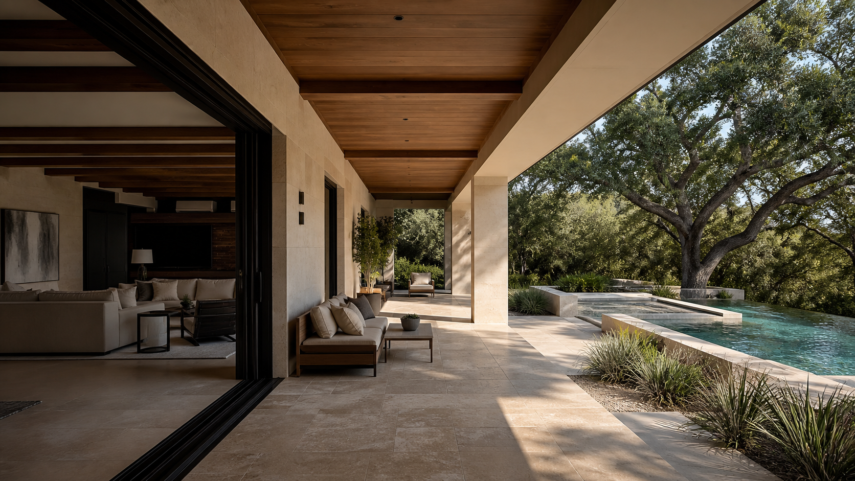 Covered loggia shading the transition between interior and pool terrace