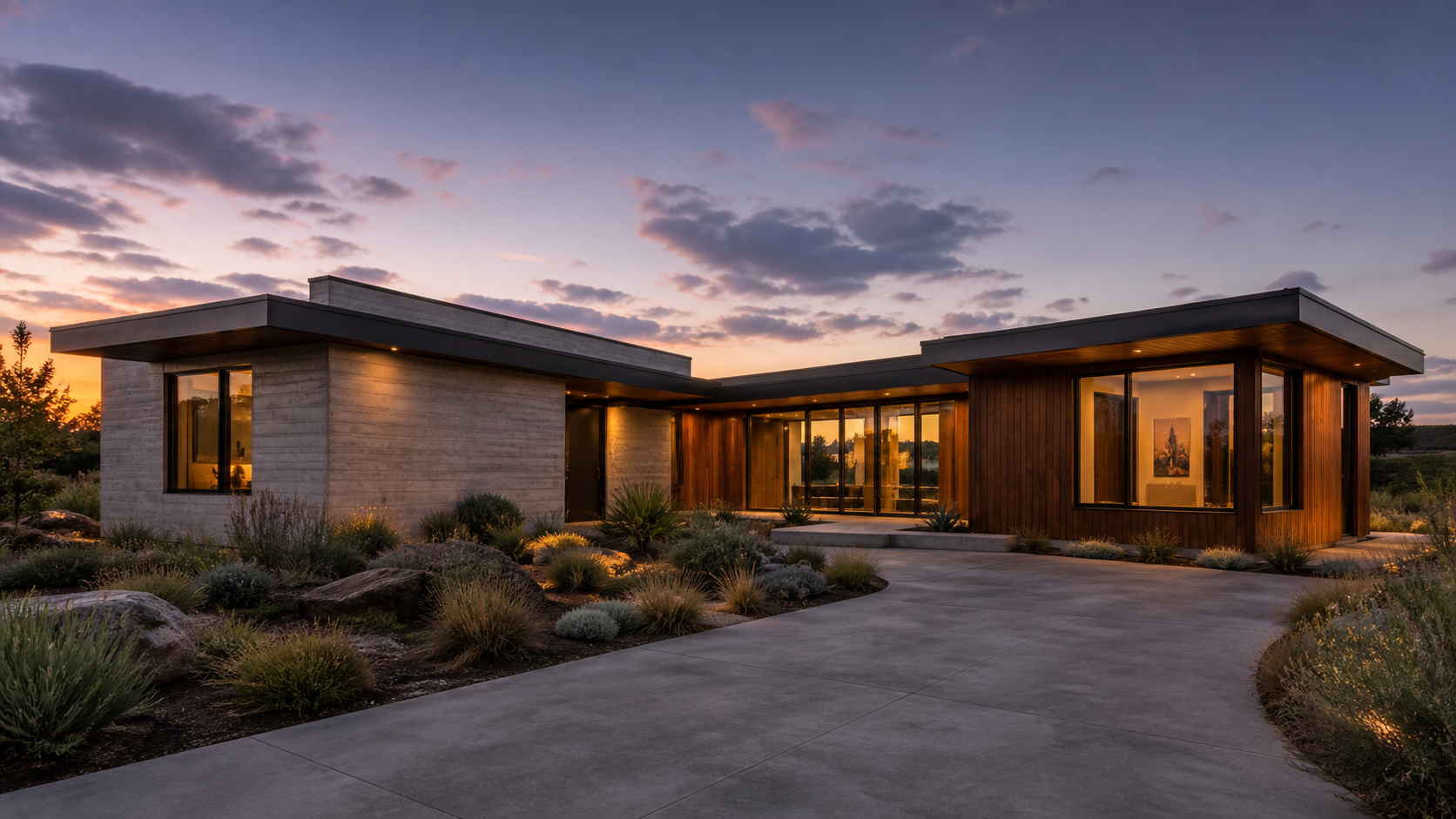Modern single-story custom home at dusk with concrete, wood, and bronze metal facade materials