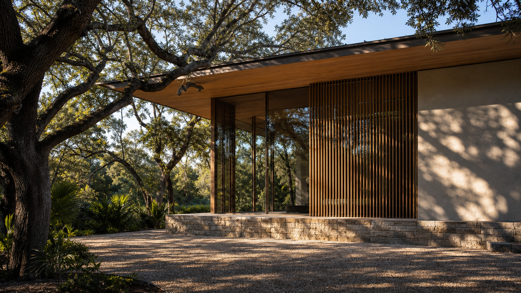 Shaded south elevation with deep overhang and slatted sun screen