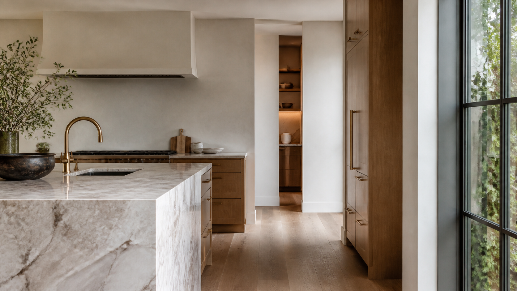 View from a kitchen island toward an offset opening that screens the scullery beyond