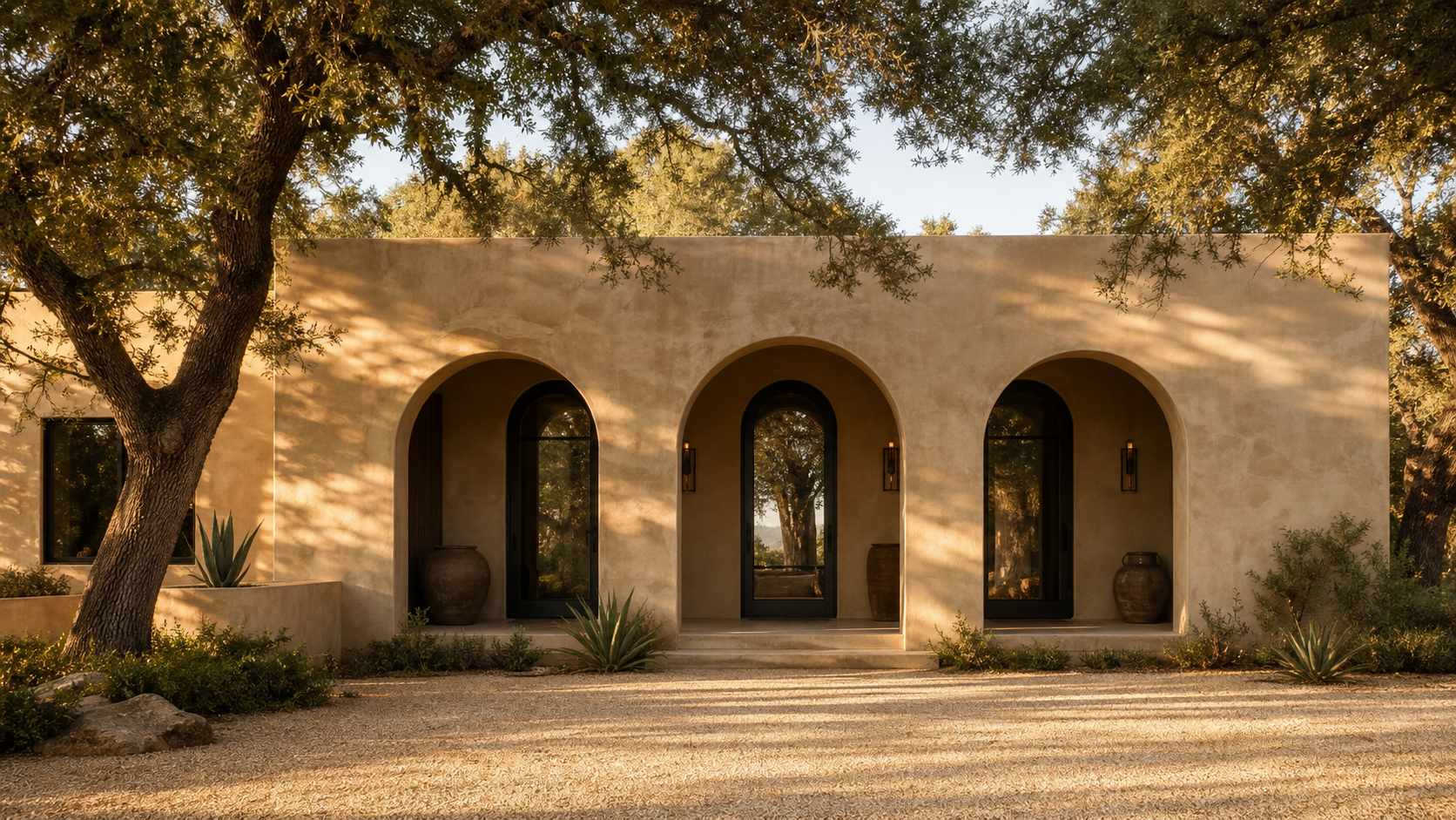 Arched stucco loggia openings on a modern house facade at golden hour