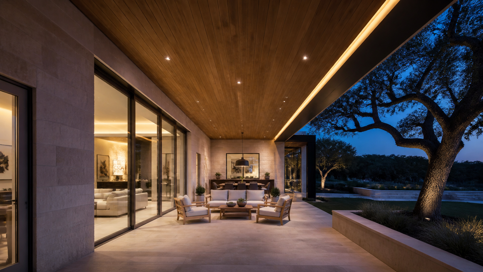 Deep covered porch with lit soffit and glowing interior beyond at dusk