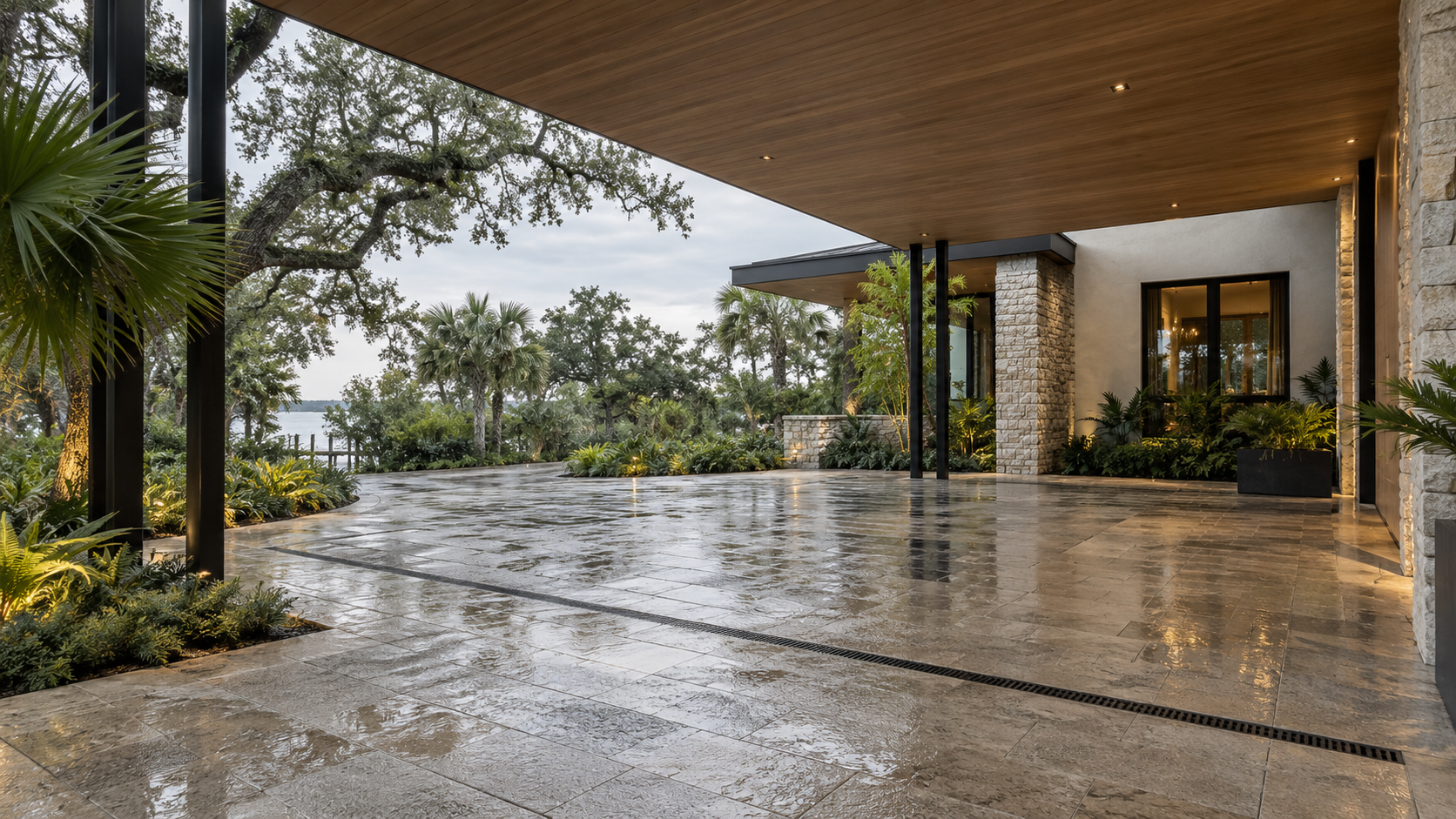 Covered porte-cochere with sloped stone paving after rain