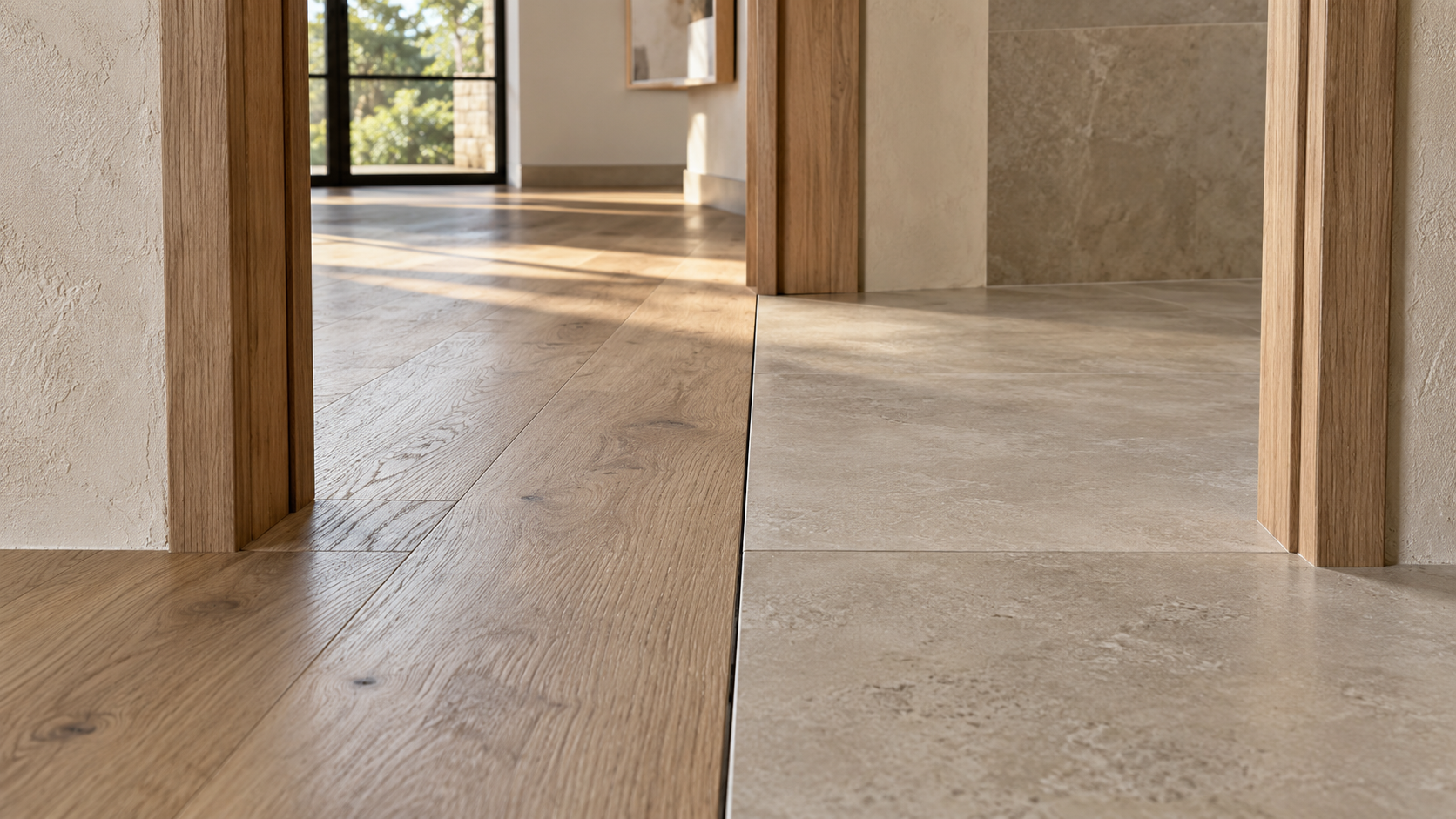 Flush level transition between wood flooring and porcelain tile in a doorway