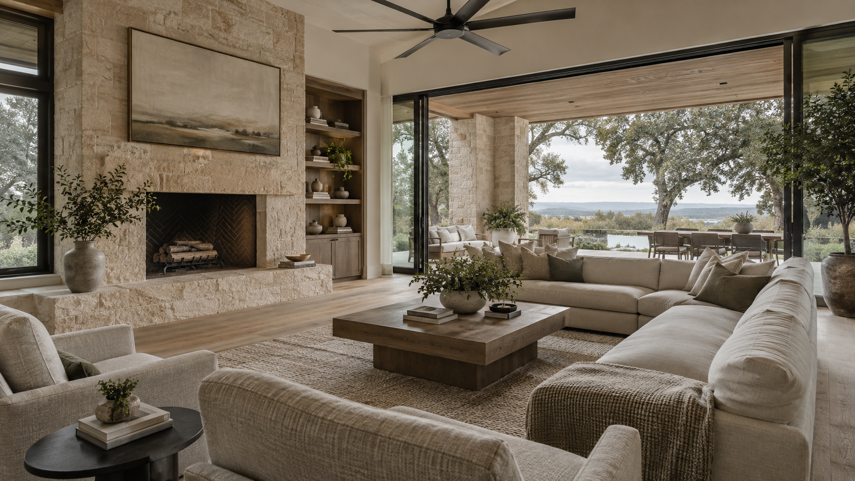 Daylit living room with deep shaded overhangs and open terrace doors