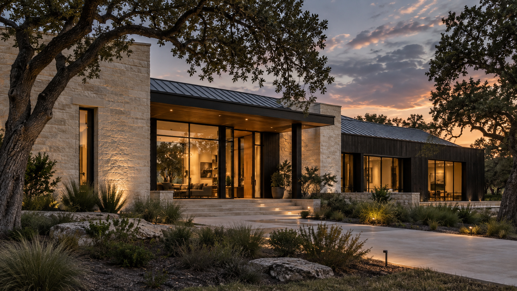 Finished contemporary Texas custom home exterior at dusk in limestone and charred cedar